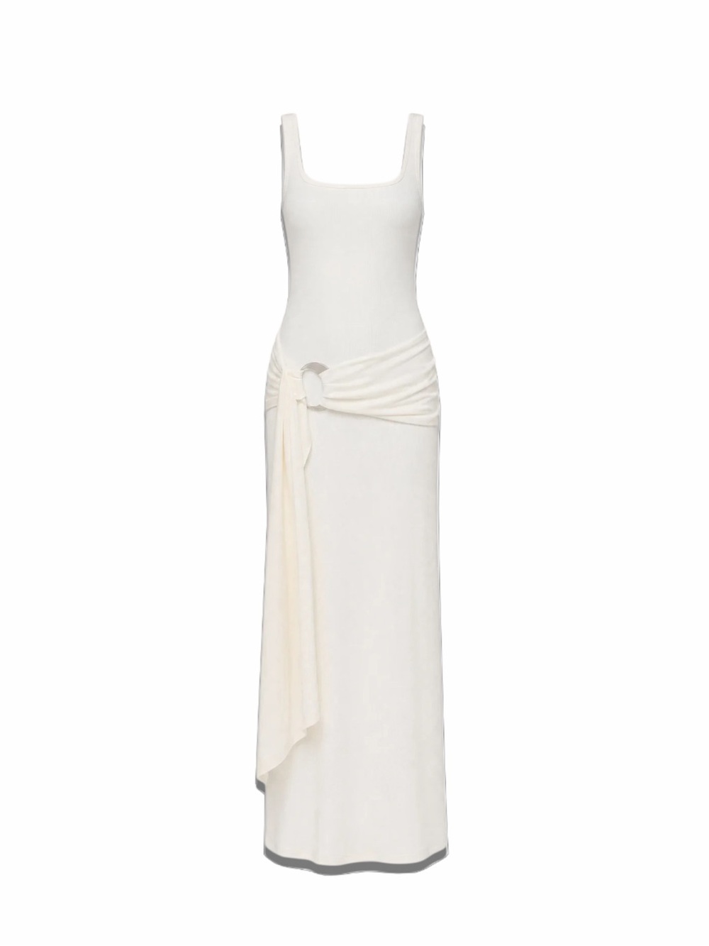 PEPPERMAYO Risala Maxi Dress Cream Square-Neck Maxi Dress Side Drape hip tie